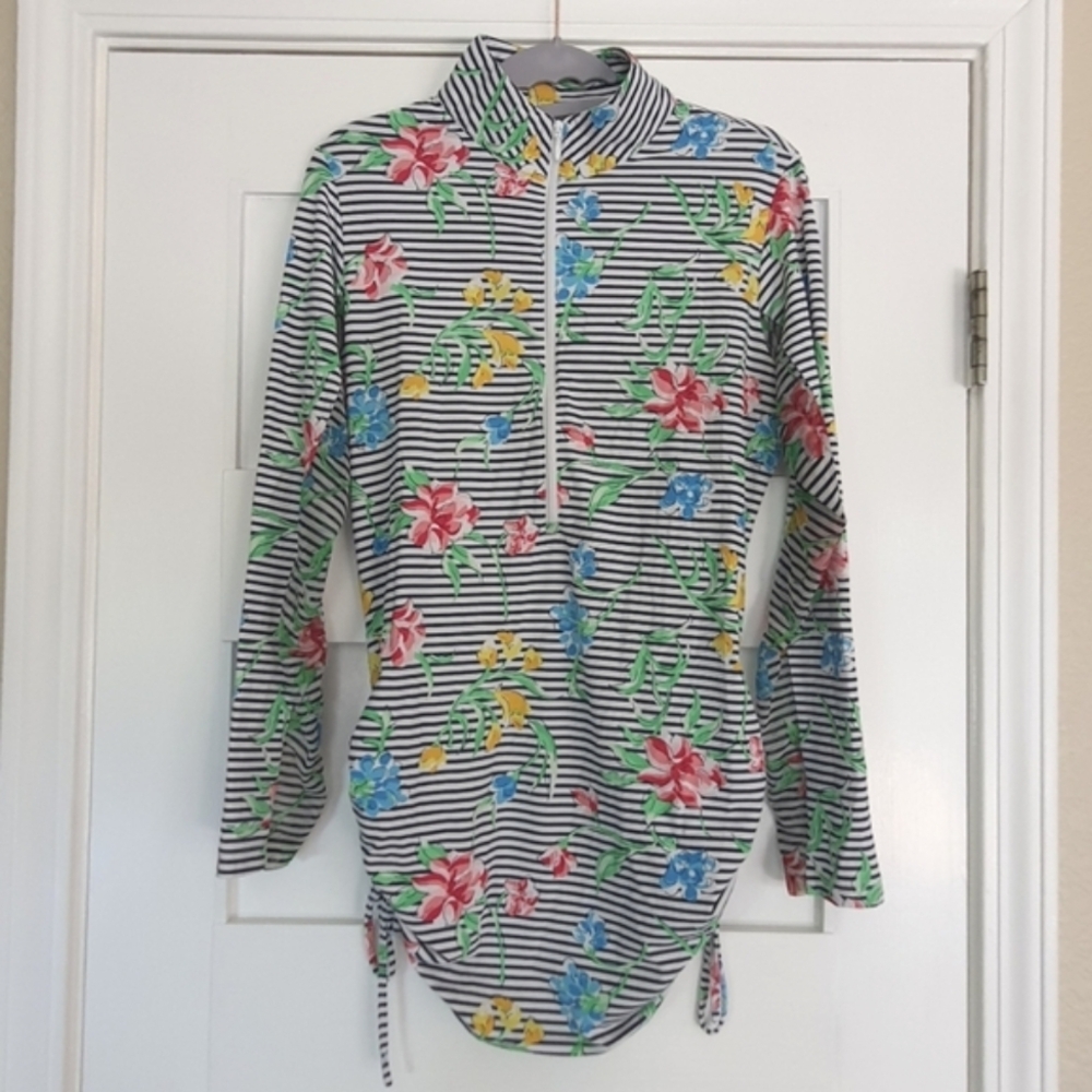 IBKUL Striped Zip Mock Neck Tunic Top Cinch Sides Floral UPF 50 Mesh Long Sleeve